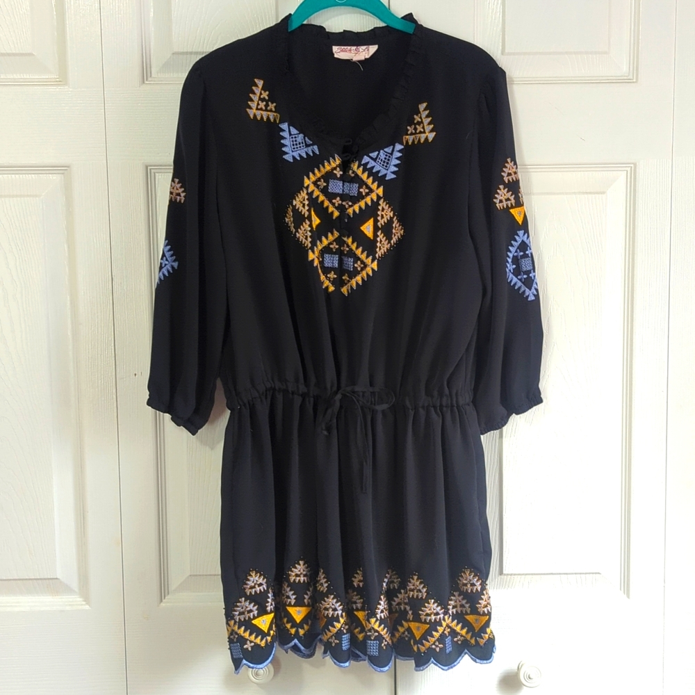 Embroidered with Beading Sheer Tunic Cinched Waist Top